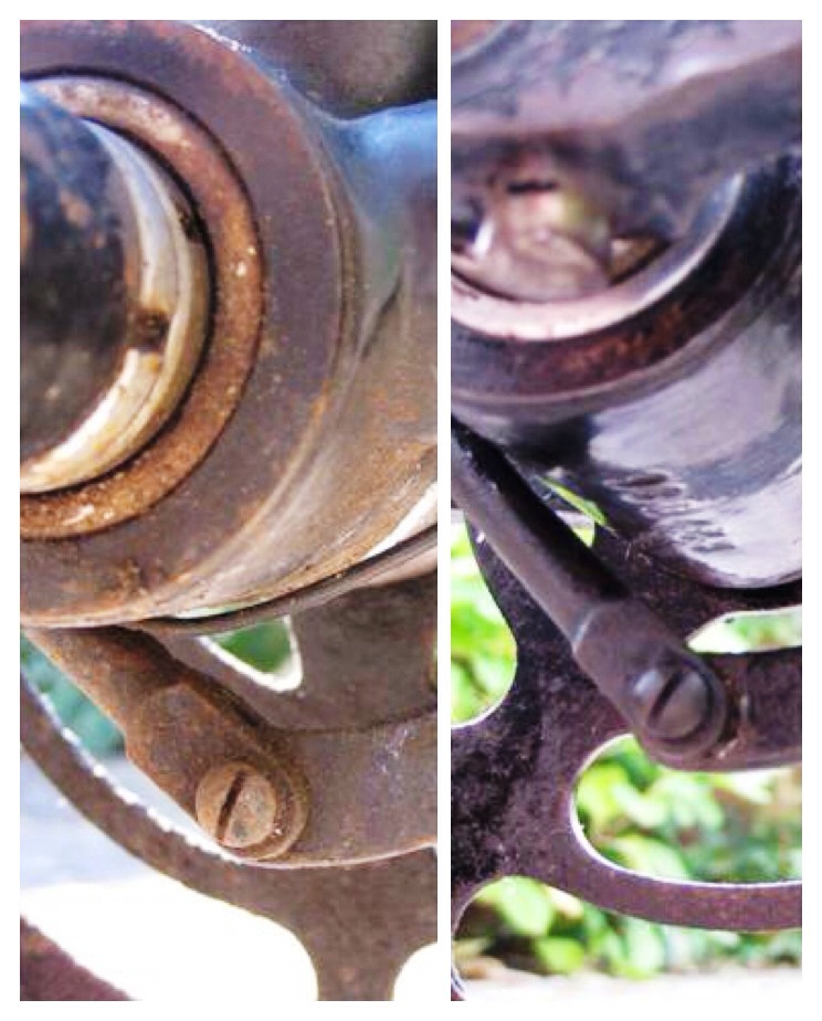 Ik heb alle onderdelen uit elkaar gehad en een poetsbeurt gegeven. Poetsbeurt betrof: Vetvrij gemaakt met Wasbenzine, de roest voorzichtig opgeschuurd met 000 staalwol, het lak behandeld met Commandant nr. 4 en vervolgens één en ander geconserveerd met Owatrol aangelengd met een beetje verfmenger (20%). De overtollige Owatrol heb ik na een uur intrekken verwijderd met een katoenen doek zodat dit niet op de nog aanwezig lak achterbleef.