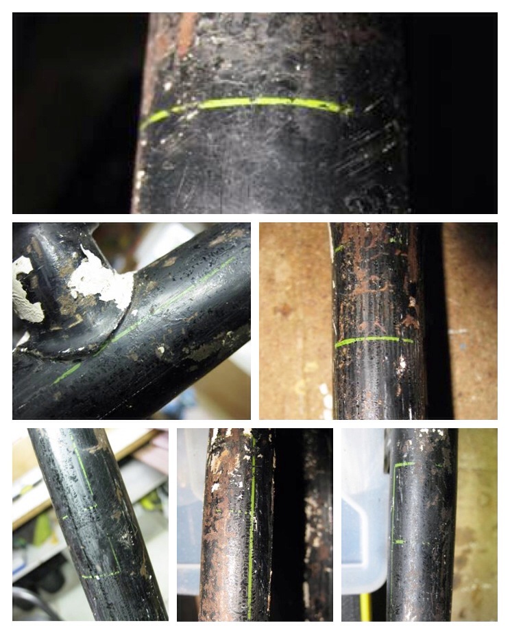 De nog gevonden biezen onder de verf. Zo in een collage lijkt het heel wat maar al met al is het erg karig. Uiteraard wil ik de originele biezen zoveel mogelijk behouden.