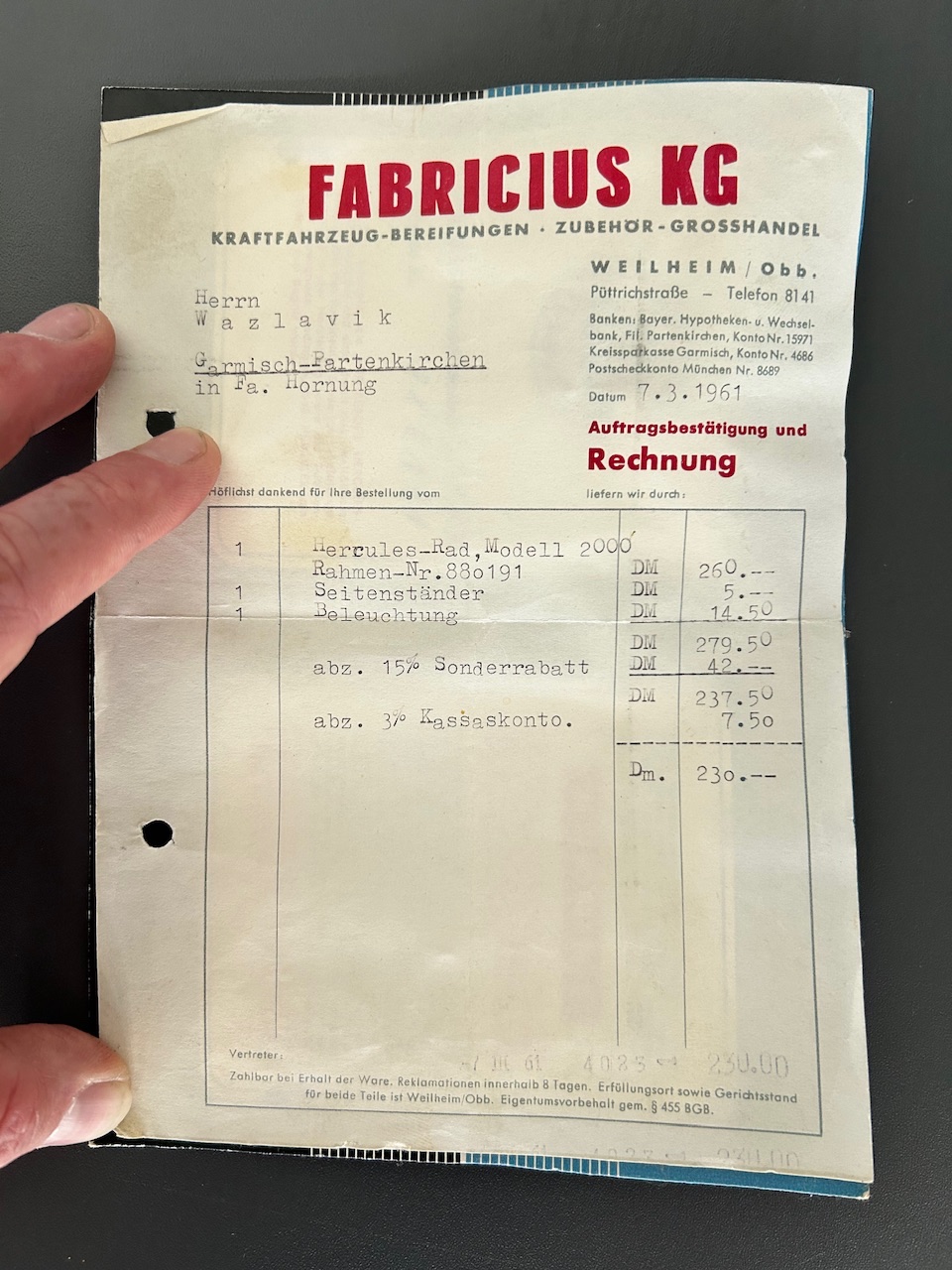 Factuur van 7 maart 1961