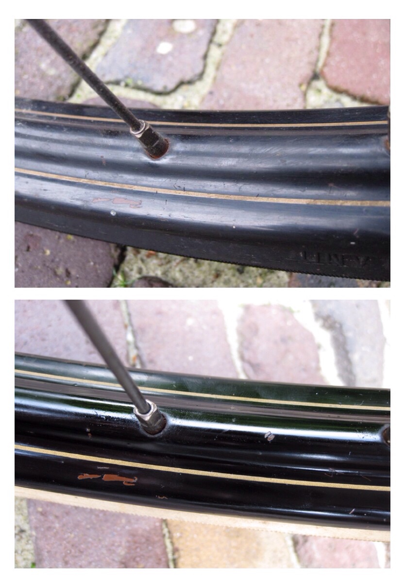 De achtervelg lijkt duidelijk nieuwer te zijn dan de voornaaf wat er op kan duidden dat de Rotax remnaaf pas later is toegevoegd.